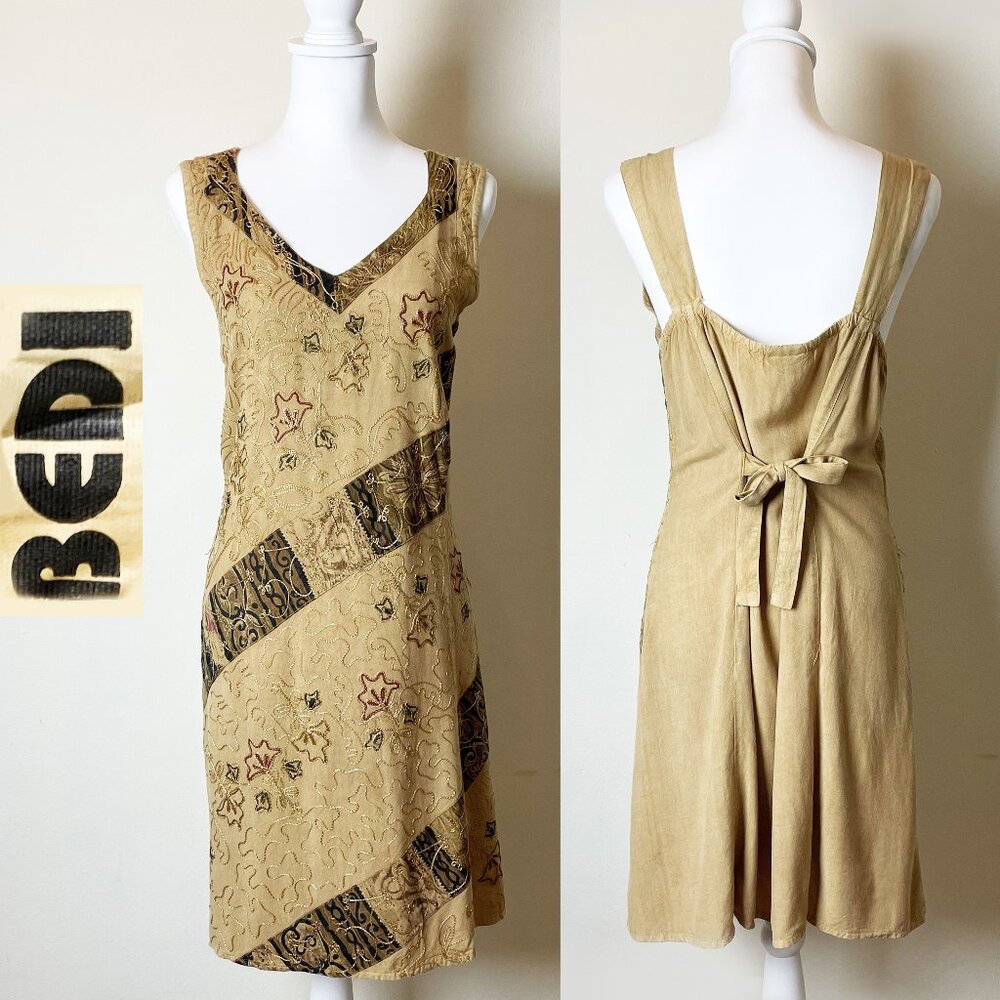 Bedi South Asian Beige & Brown Mini Sundress | Embroidered w/Abstract Design